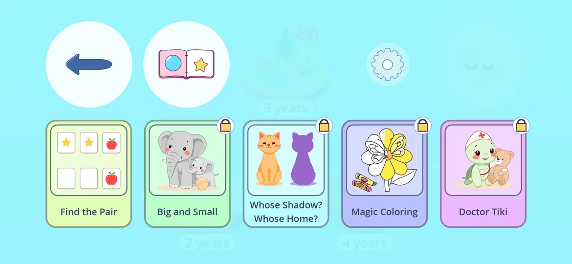 The 3-year island: game cards; locked games show a padlock